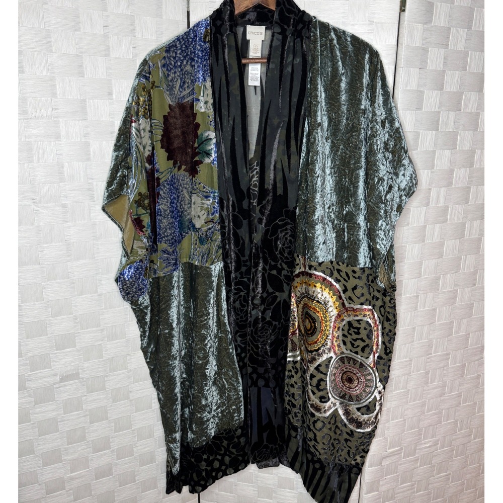 Chicos Mixed Media Velvet Burnout Kimono Wrap Olive Green Floral Whimsy Fairy OS